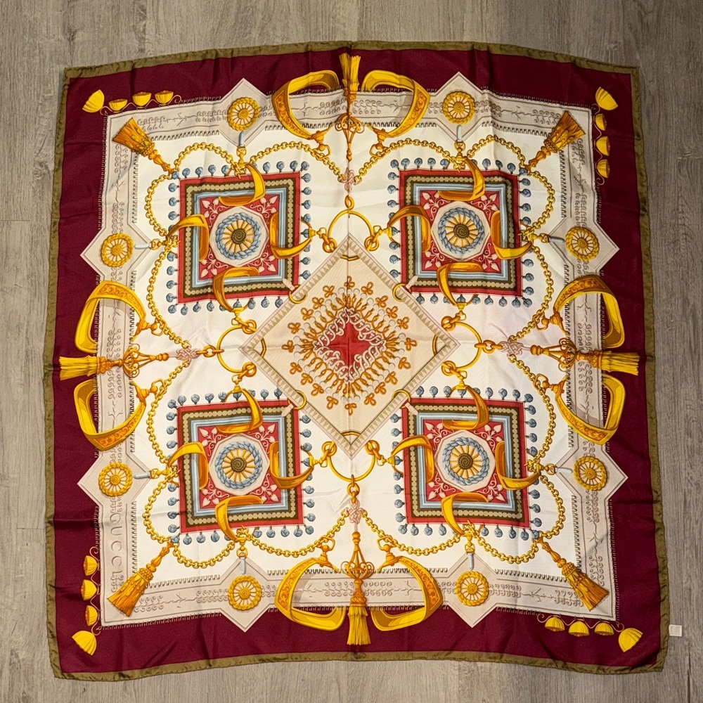 Gucci Burgundy and Gold Carres Silk Scarf
